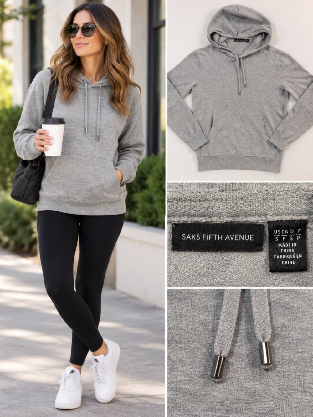Saks Fifth Avenue Gray Hoodie S Cotton Nylon Pullover
